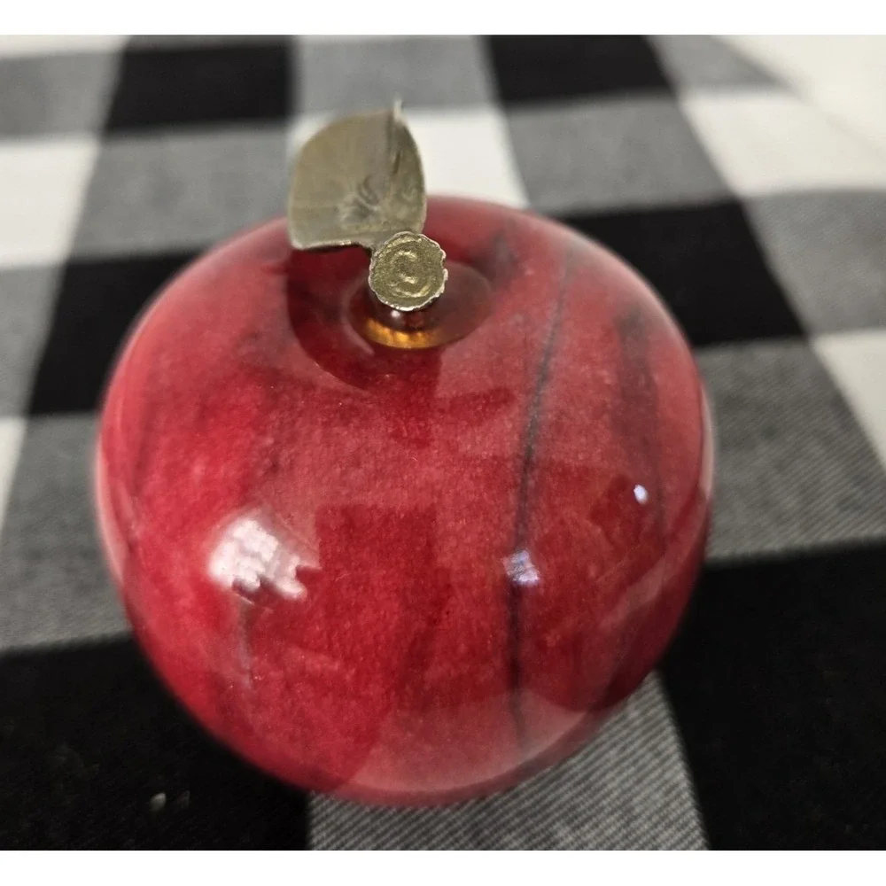 Stone‎ Marble Red Apple Paperweight with Brass Stem Polished Teacher Farmer